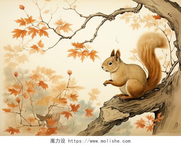 森林里的松鼠古风AI插画国画工笔画小动物松树枫叶秋天